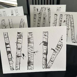 Handgeschilderde berkenboom aquarelkaarten met bijpassende enveloppen.  Set van 5.