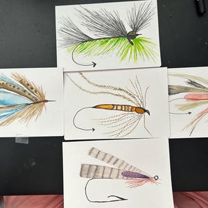 Cartões de aquarela de mosca de pesca pintados à mão com envelope. Conjunto de 5.