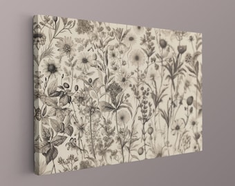 Lienzo con arte lineal botánico vintage / Ilustración de flores en blanco y negro / Arte mural natural elegante / Póster floral minimalista