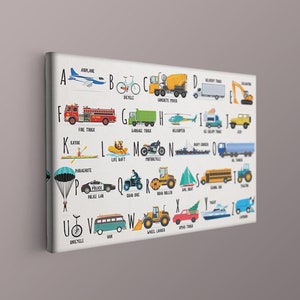 Fahrzeuge ABC Leinwand Poster, Lerntransport Alphabet Leinwandposter, Kinder Spielzimmer, Kinderzimmerdeko, Klassenzimmerdrucke, Lernposter