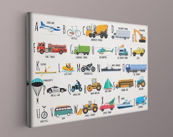 Pojazdy ABC Plakat na płótnie, edukacyjny transport Alfabet Plakat na płótnie, Pokój zabaw dla dzieci, Wystrój pokoju dziecięcego, Wydruki do klasy, Plakat edukacyjny