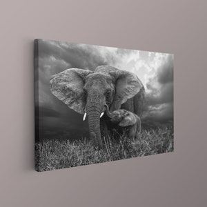 Afrikanischer Elefant Baby und Mama Leinwand Poster, Afrikanische Tiere Druck, Feine Kunst Fotografie, Tier Kunst Leinwand Poster, Hauswanddekor