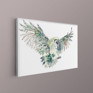 Flying Owl Canvas, Trees Leaves, Forest Double Exposure Nature Animal Bird Illusion, Wrapped Canvas, Print Wall Art, Office Decor Home Decor