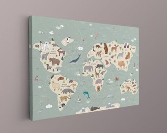 Animal World Map Canvas for Kids, Nursery Wall Art, Kids Animal Themed Map Canvas, Hanging, Kids Room Map, Animal Map, Animals World Map