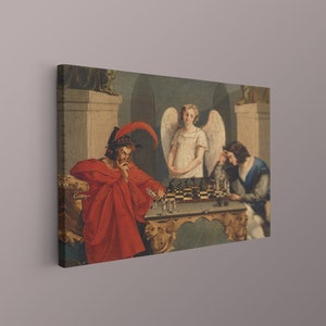 May include: A painting depicting a man in a red robe playing chess with another person while an angel watches over them.