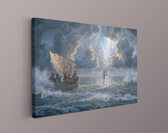 Jesus geht auf die Wasser Leinwand, Jesus Christus Leinwand gerahmt und hängend, christliche Leinwand, Jesus Believer Print Art, Jesus Leinwanddruck