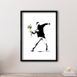 Póster enmarcado de Rage Flower Thrower, impresión artística en lienzo de Banksy Flower Thrower, lienzo estilo Banksy con grafiti de arte callejero, impresión de grafiti urbano