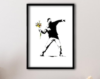 Framed Rage Flower Thrower Poster, Flower Thrower Banksy Canvas Art Print, Street Art Graffiti Banksy Style Canvas, Urban Graffiti Print