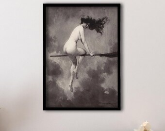 Framed Witch on Broom Canvas Poster, Depart Pour le Sabbat by Albert Joseph Penot, Naked Witch, Witch Wall Art, Home Wall Decor, A Gift Idea