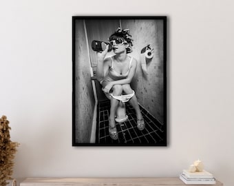 Framed Girl Drinking on Toilet Art,Bathroom Funny Poster,Black and White Bathroom Wall Art Funny Woman Drinking on the Toilet Humor Restroom