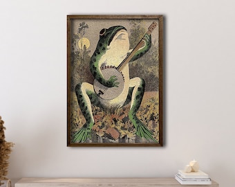 Gerahmter Frosch der Banjo im Mondschein spielt, Vintage Frosch Poster, Vintage Druck, Bunte Wand Kunst, Haus Wand Kunst Druck, Retro Plakat
