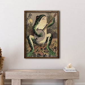 Framed A Frog Playing Banjo in The Moonlight, Vintage Frog Poster, Vintage Print, Colorful Wall Art, Home Wall Art Print, Retro Poster