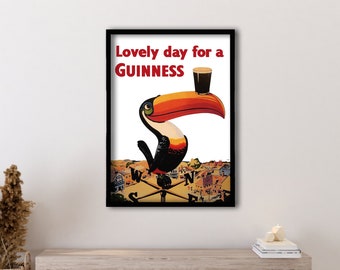 Pôster de tucano Guinness emoldurado, arte de pôster de cerveja, pôster de cerveja Guinness, lindo dia para um Guinness, decoração de parede de casa, afiche vintage Guinness