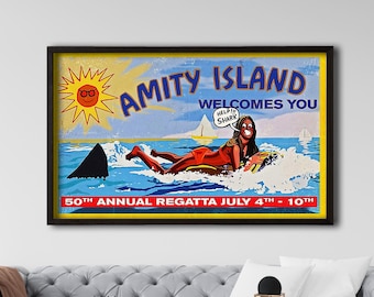 Framed Amity Island “Help! Shark” Jaws Canvas Poster – Iconic Shark Attack Scene for Movie Lovers and Coastal Wall Decor