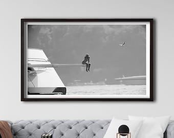 Framed Princess Diana Yacht Wall Art, Black White Canvas Print, Iconic Royal Photo, Elegant Yacht Decor, Modern Framed Wall Art Gift