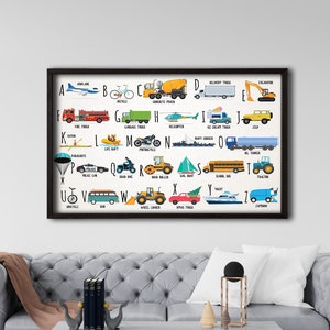 Gerahmte Fahrzeuge ABC Poster, Lerntransport Alphabet Leinwandposter, Kinderspielzimmer, Kinderzimmerdeko, Klassenzimmerdrucke, Lernposter