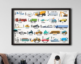 Gerahmte Fahrzeuge ABC Poster, Lerntransport Alphabet Leinwandposter, Kinderspielzimmer, Kinderzimmerdeko, Klassenzimmerdrucke, Lernposter