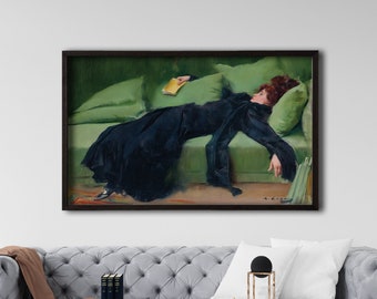 Enmarcado después del lienzo de danza, impresión de mujer joven decadente, Ramón Casas, pintura de dama acostada en el sofá, impresión de arte moderno, decoración de la pared del hogar