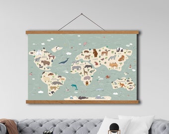 Mapa del mundo de animales enmarcado para niños, arte de la pared de la guardería, lienzo de mapa temático de animales para niños, colgante, mapa de la habitación de los niños, mapa de animales, mapa del mundo de los animales