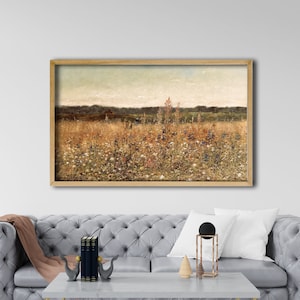 Framed Field Of Flowers, Vintage Art Wall Decor, Wall Hanging Canvas, Large Wall Decor, Wildflower Field Tapestry, Flowers Oil Painting