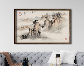 Gerahmte chinesische Berge und Kiefern Leinwand, chinesische Landschaftsmalerei, chinesische Gemälde, chinesische Kunstdrucke, chinesische Kunst Wanddekor