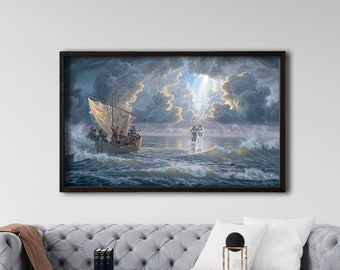 Gerahmter Jesus, der auf Wasser Leinwand geht, Jesus Christus Leinwand gerahmt und hängend, christliche Leinwand, Jesus Believer Print Art, Jesus Leinwanddruck