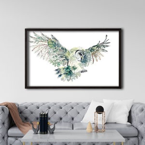 Framed Flying Owl Art, Trees Leaves, Forest Double Exposure Nature Animal Bird Illusion, Wrapped Canvas, Print Wall Art, Office Home Decor