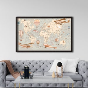 Gerahmte Weltkarte Leinwand, Kinderzimmer Weltkarte Leinwand, Wandteppich für Kinderzimmer, Dekorative Weltkarte, Geschenk für Kinderzimmer