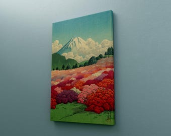 Lienzo de jardín de azaleas, vista de un jardín de azaleas y el monte Fuji Kawase Hasui 1935, Monte Fuji desde un jardín de flores, arte mural japonés