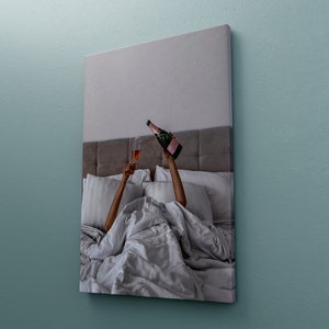 Woman Drinking Wine in Bed Canvas Poster, Bar Cart Print, Cocktail Wall Art, Alcohol Poster, Teen Girl Room Decor, Feminist Poster