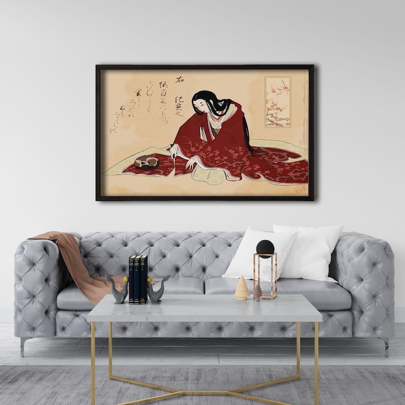 Puede incluir: Una ilustraci&oacute;n digital de una mujer con un kimono rojo sentada en una alfombra estampada. Ella sostiene un pincel y un taz&oacute;n peque&ntilde;o. El fondo es de color beige claro con caligraf&iacute;a japonesa.