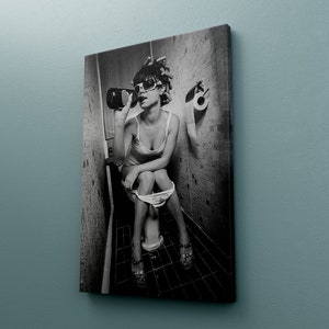 Girl Drinking on Toilet Canvas ,Bathroom Funny Poster, Black and White Bathroom Wall Art Funny Woman Drinking on the Toilet Humor Restroom