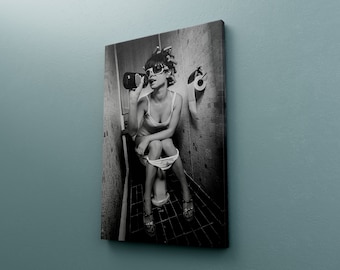 Girl Drinking on Toilet Canvas ,Bathroom Funny Poster, Black and White Bathroom Wall Art Funny Woman Drinking on the Toilet Humor Restroom