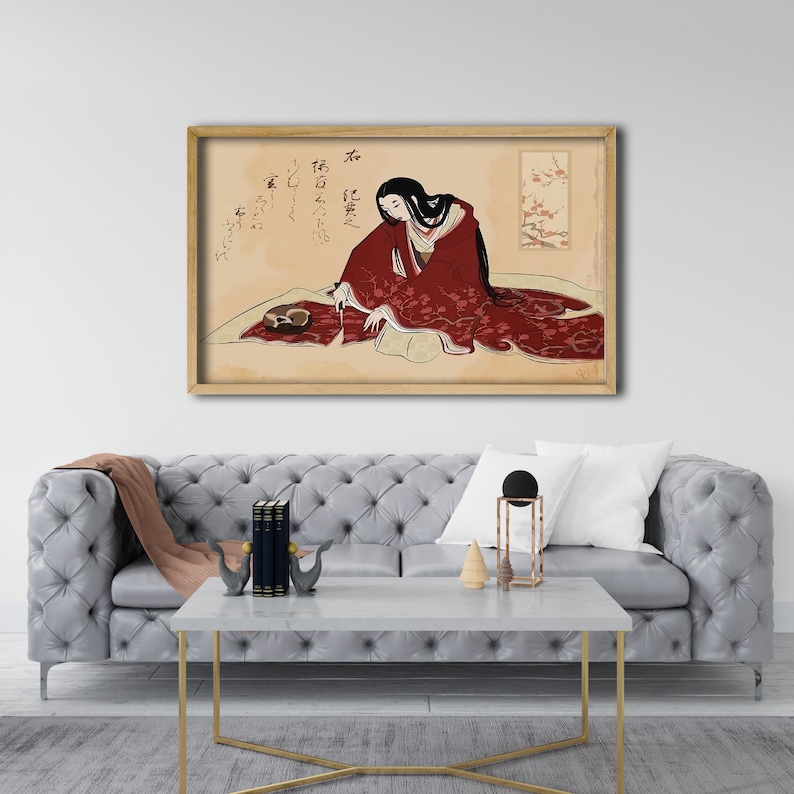 Puede incluir: Una ilustraci&oacute;n de estilo vintage de una mujer con un kimono rojo sentada en el suelo con un pincel de caligraf&iacute;a y un tintero. El fondo es de color beige claro con caracteres japoneses en tinta negra.