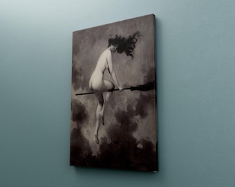 Witch on Broom Canvas Poster, Depart Pour le Sabbat by Albert Joseph Penot, Naked Witch, Witch Wall Art, Home Wall Decor, A Gift Idea