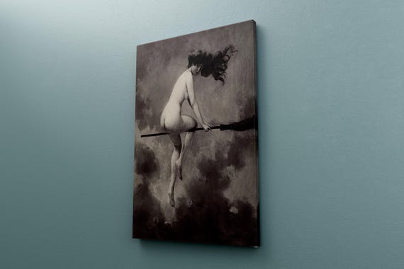 Witch on Broom Canvas Poster, Depart Pour le Sabbat by Albert Joseph Penot, Naked Witch, Witch Wall Art, Home Wall Decor, A Gift Idea