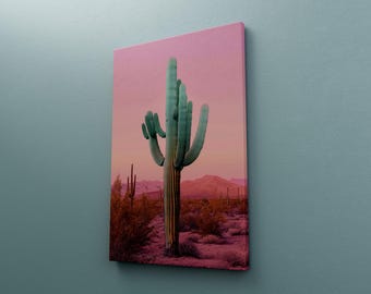 Fototapeta z kaktusem pustynnym, plakat z różowym saguaro, wydruk z motywem przyrody południowo-zachodniej, krajobraz pustyni boho, dekoracja ścienna ze zdjęciem kaktusa