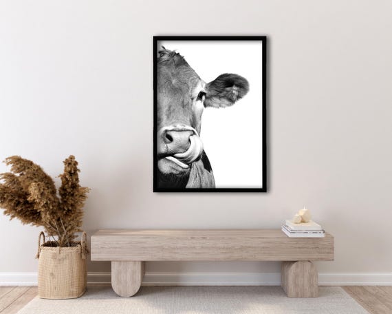 Framed Funny Cow Wall Art | Black and White Farm Animal Print | Minimalist Country Decor | Tongue Out Cow Poster | Rustic Kitchen Artwork