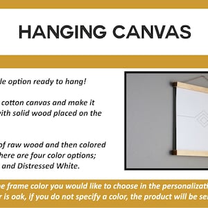 Puede incluir: Una impresi&oacute;n en lienzo blanco con un dise&ntilde;o geom&eacute;trico simple se muestra en un marco de madera colgante. El marco est&aacute; disponible en cuatro colores: roble, nogal, negro y blanco desgastado. El texto "HANGING CANVAS" se muestra en la parte superior de la imagen.