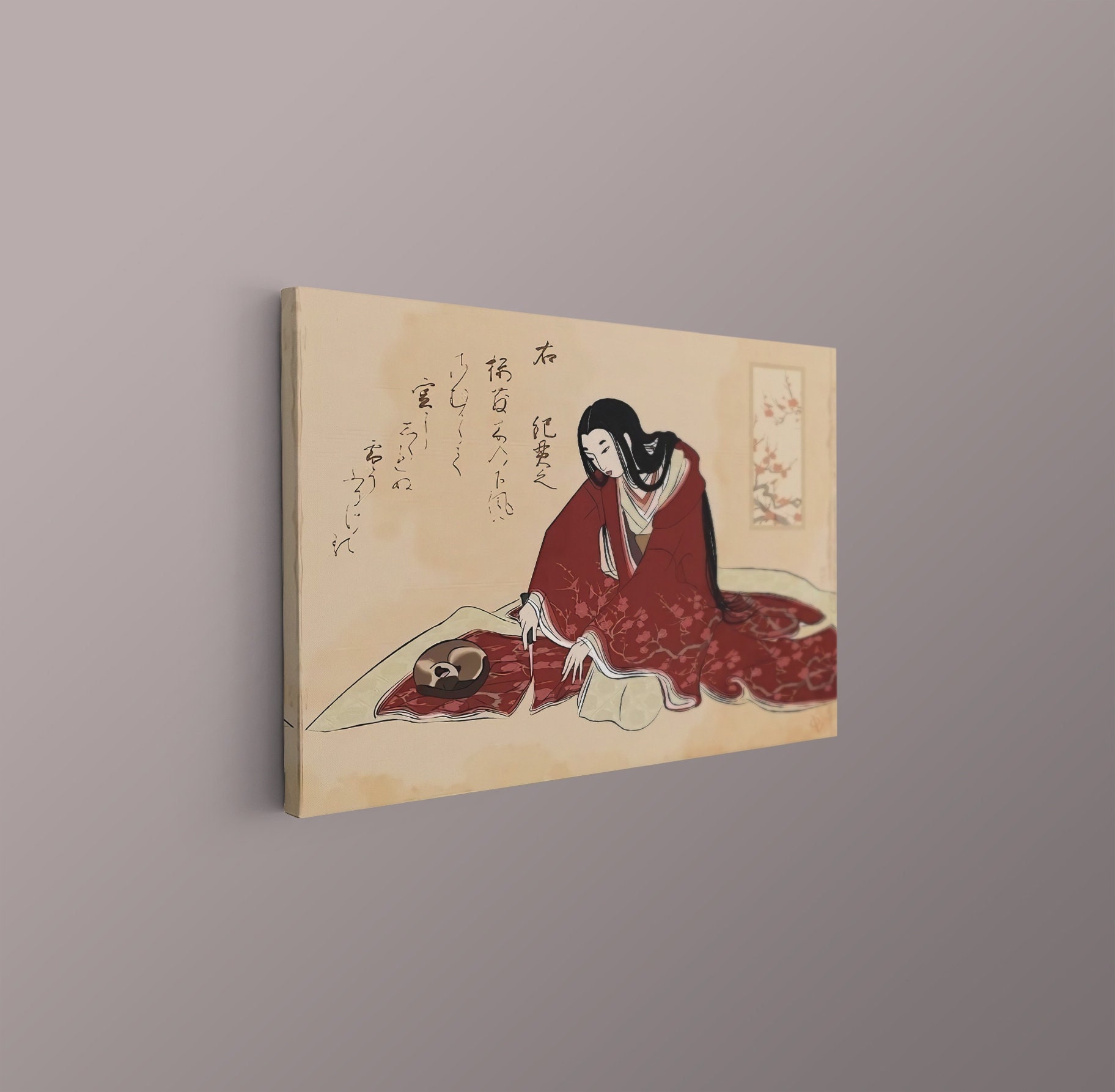 japanese painting woman cutting dress cat Japanese Woman Cutting Kimono With Cat