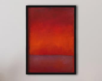 May include: A rectangular framed wall art piece featuring an abstract painting with a horizontal composition. The upper two-thirds display a vibrant gradient of deep red and bright orange, while the lower third is a solid, muted dark purple.