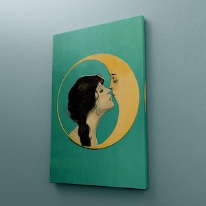Canvasposter Kissing Moon, Dear Old Dixie Moon, vintage vrouw print, man in de maan, antieke maangezicht, art nouveau, wassende maan