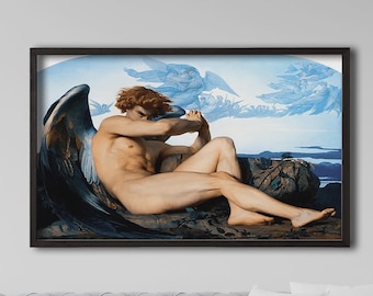 May include: A framed wall art print depicting a reclining figure with large dark wings and reddish-brown hair, shielding their face with an arm. The background features a light blue sky filled with ethereal, ghostly figures in a landscape.