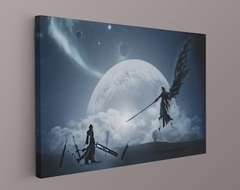 May include: A rectangular canvas wall art print featuring a dark blue space scene with a large moon, stars, and nebulae. A silhouette of a standing figure with a large sword faces a winged figure hovering in the air with a long blade.