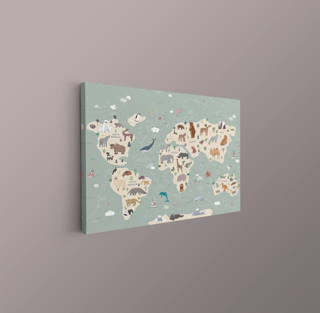 Animal World Map Canvas for Kids, Nursery Wall Art, Kids Animal Themed ...