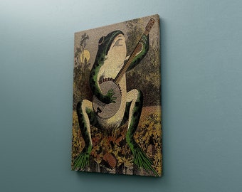 Frosch spielt Banjo im Mondlicht Leinwand, Vintage Frosch Poster, Vintage Druck, Bunte Wand Kunst, Haus Wand Kunst Druck, Retro Plakat