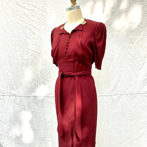 Vintage 1940”s Burgundy Crinkle- Crepe Rayon Dress with Long Wrap Ties for Waist & Dress Clips