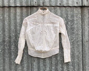 Antique French Victorian Napoleon III pure cotton hand made embroidered blouse white work lace frill entirely hand made and embroidered