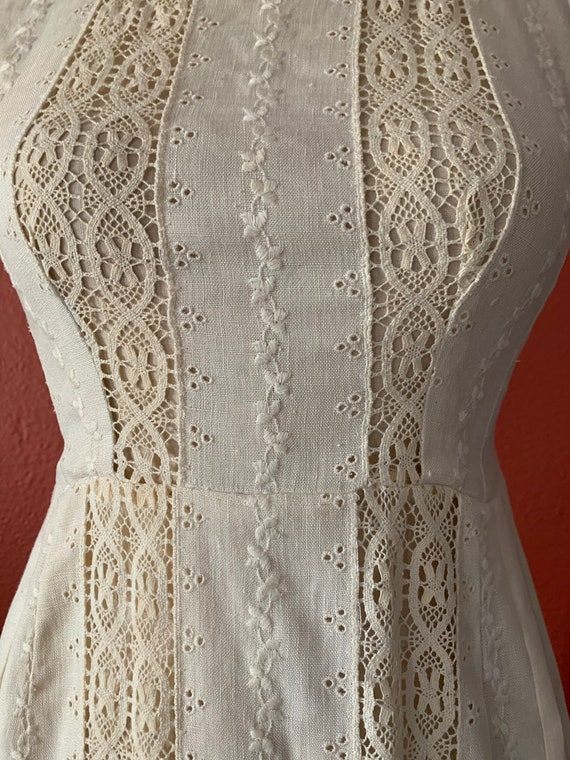 cream linen pencil dress Vintage Cream Linen Dress & Jacket Set: Handmade Lace Eyelet Pencil Dress