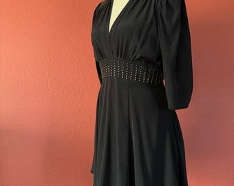 Candice Gwinn Trashy Diva 2010 Fall Release of 1940’s-Style Joan Studs Dress in Black, Heavy Weight Silk Crepe de Chine /Size 12/Shortened